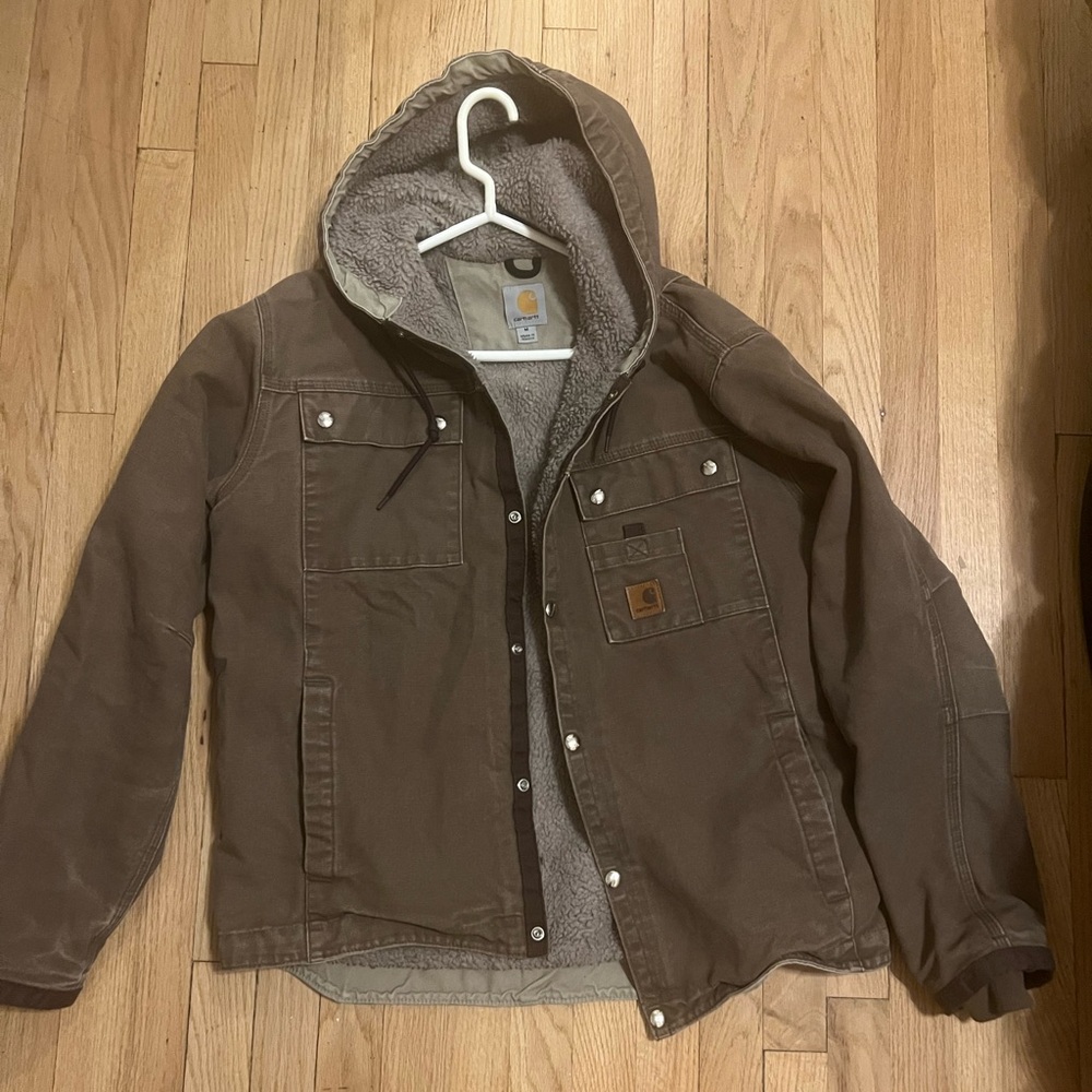 Carhartt Sherpa-lined canvas coat with hood